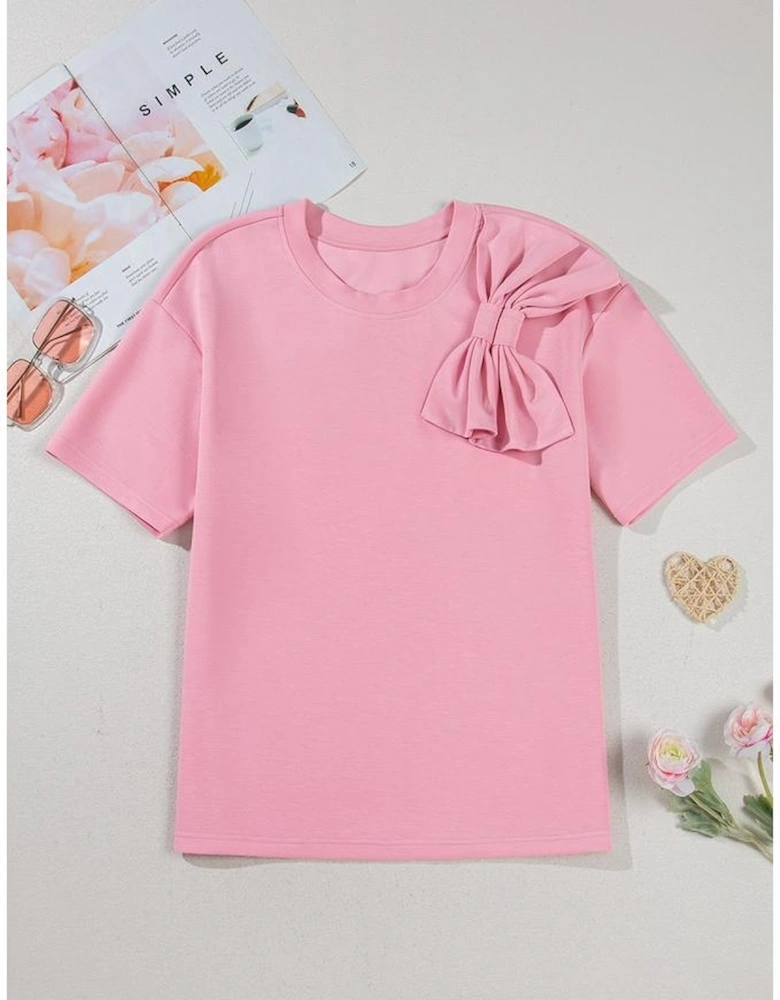 Pink Bow Applique Half Sleeve T-shirt