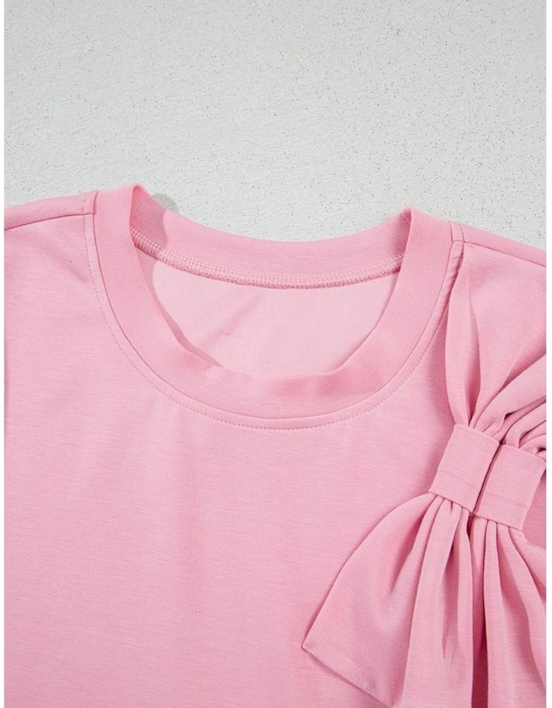 Pink Bow Applique Half Sleeve T-shirt