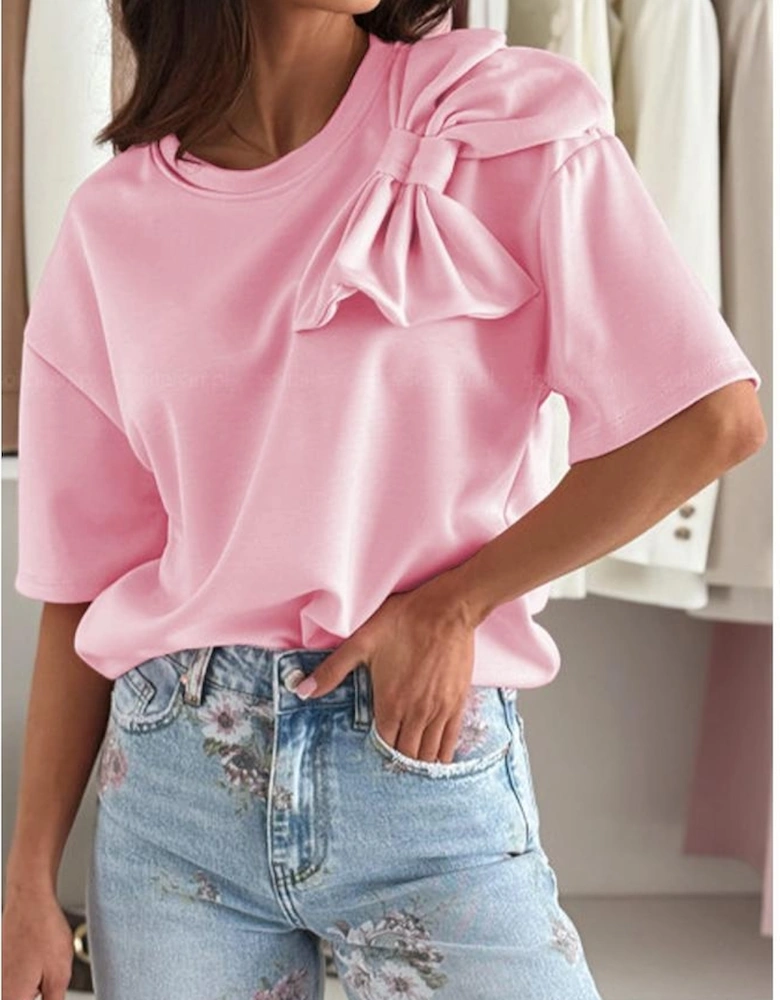 Pink Bow Applique Half Sleeve T-shirt