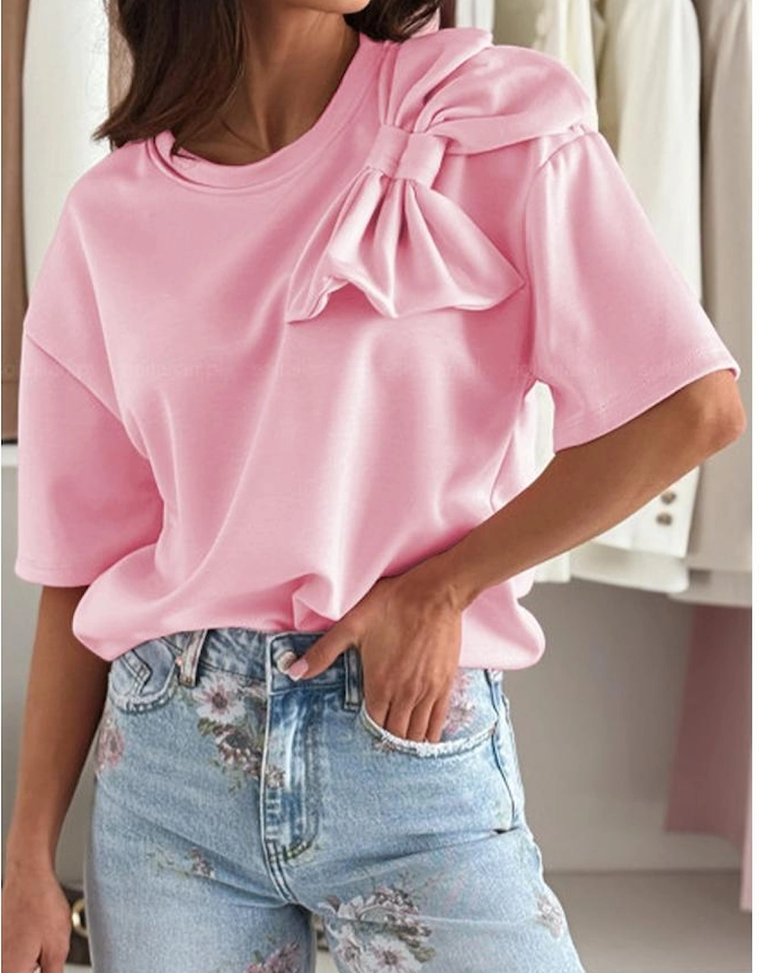 Pink Bow Applique Half Sleeve T-shirt