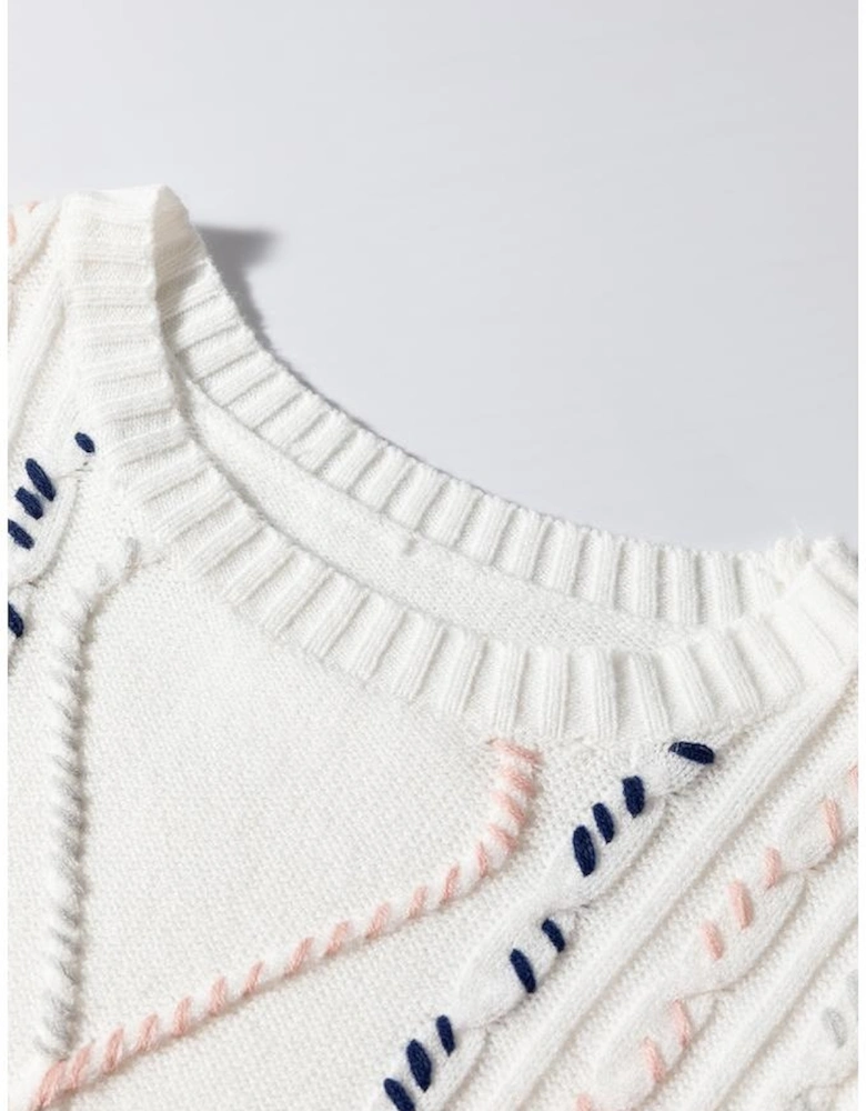 White Multicolor Stitch Detail Cable Knit Short Sleeve Sweater