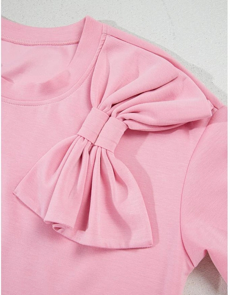 Pink Bow Applique Half Sleeve T-shirt