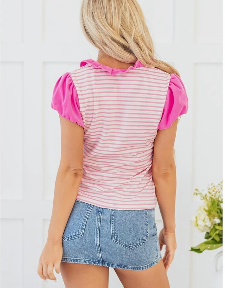 Pink Stripe Ruffled V Neck Cap Puff Sleeve Top