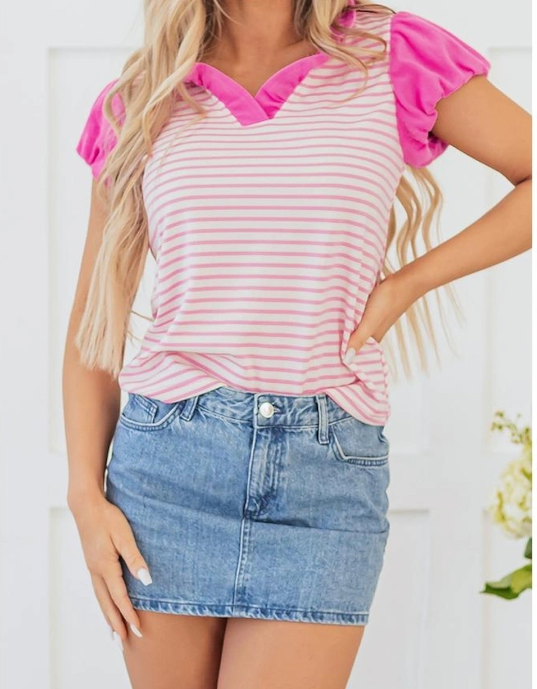 Pink Stripe Ruffled V Neck Cap Puff Sleeve Top