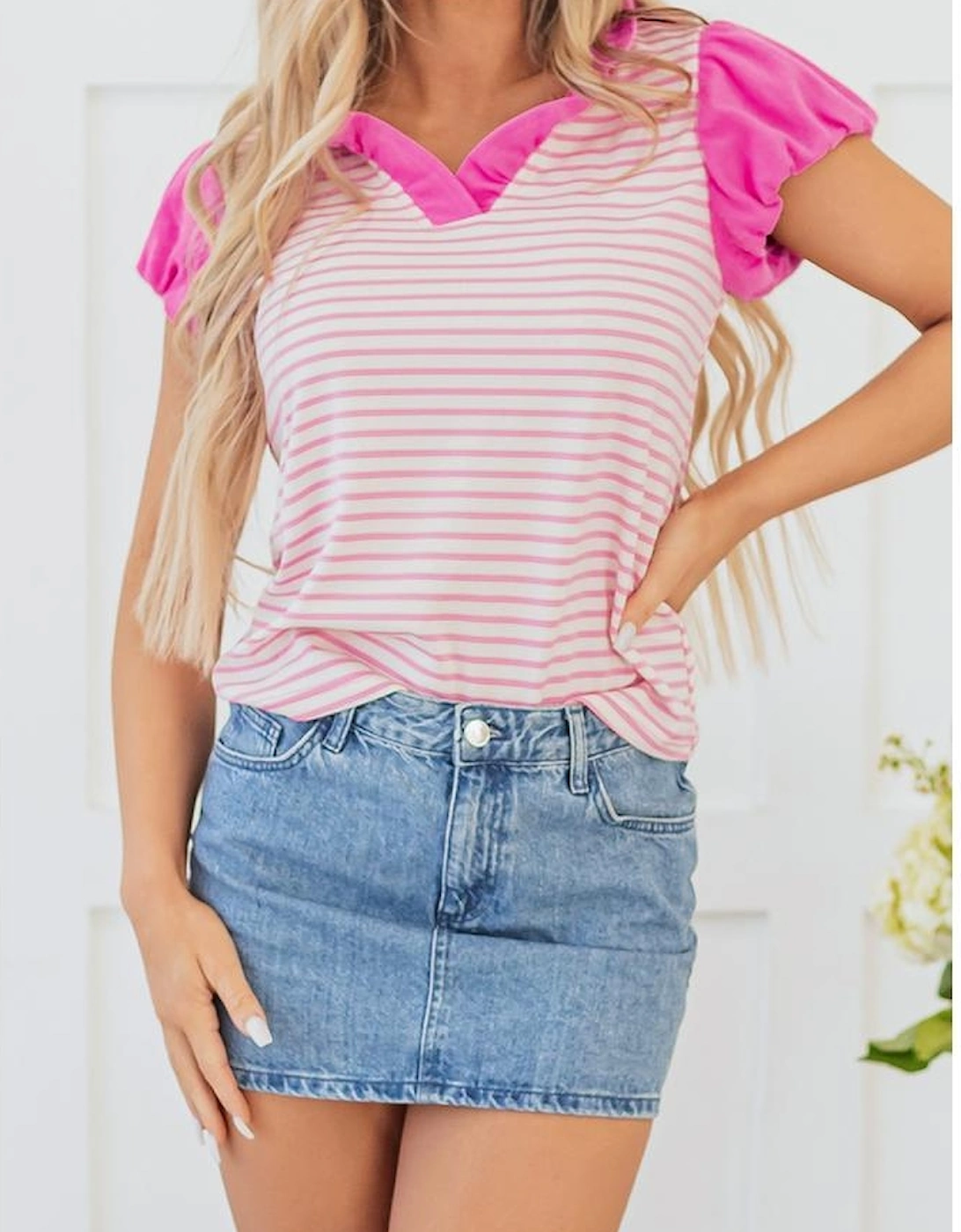 Pink Stripe Ruffled V Neck Cap Puff Sleeve Top