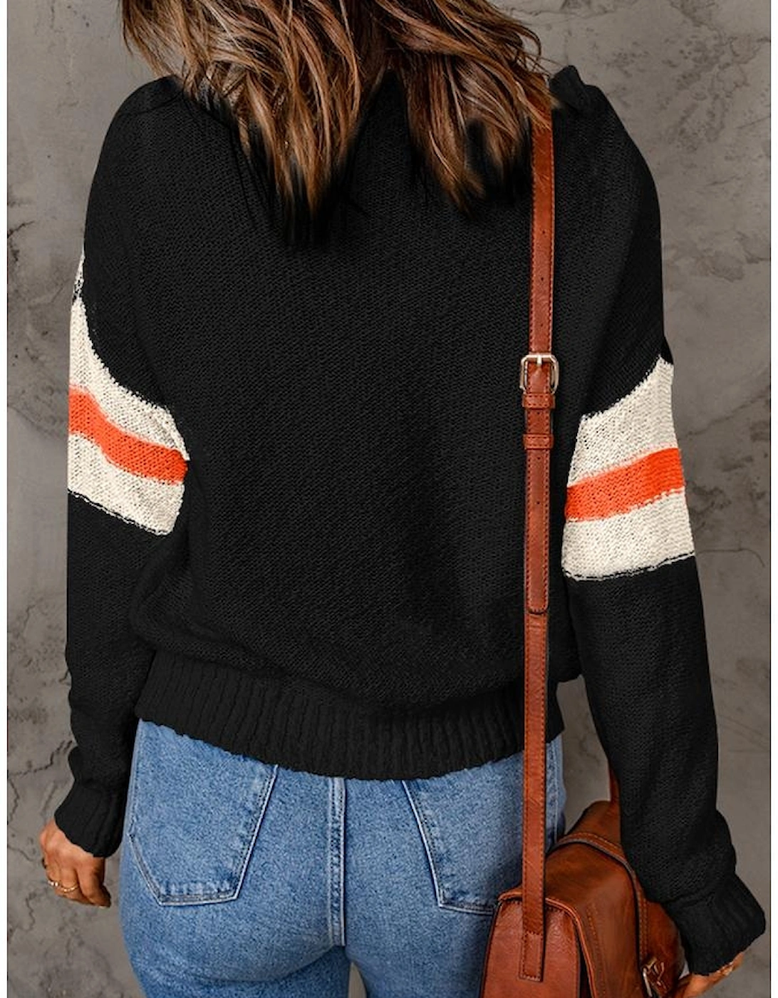 Black Chevron Striped Drop Shoulder Sweater