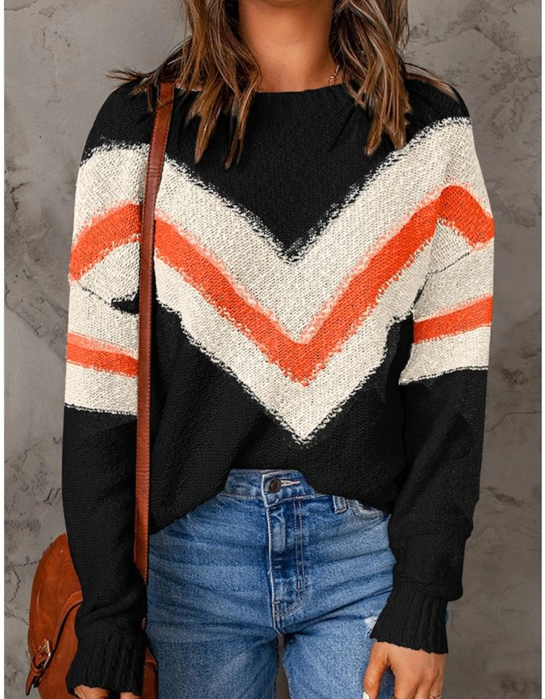 Black Chevron Striped Drop Shoulder Sweater