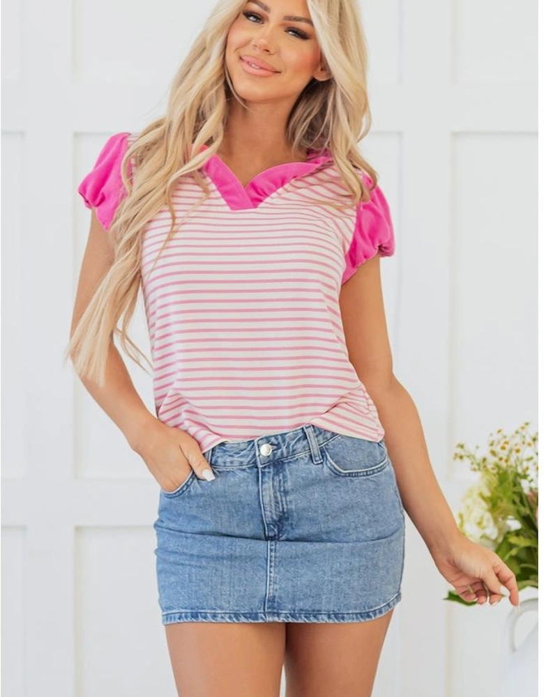 Pink Stripe Ruffled V Neck Cap Puff Sleeve Top