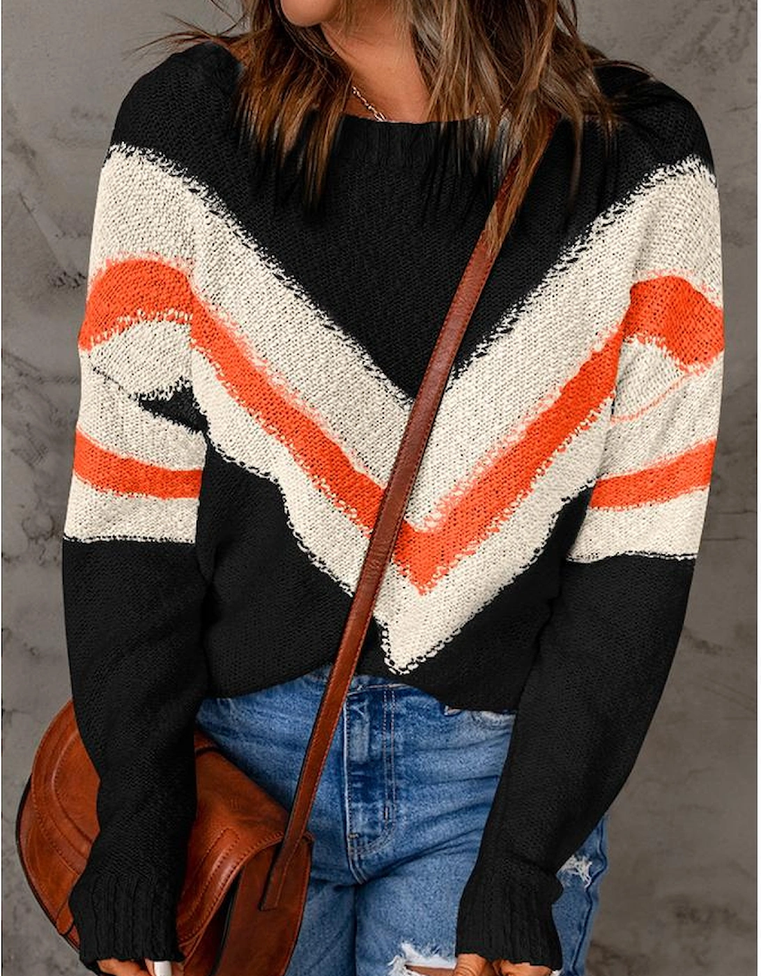 Black Chevron Striped Drop Shoulder Sweater