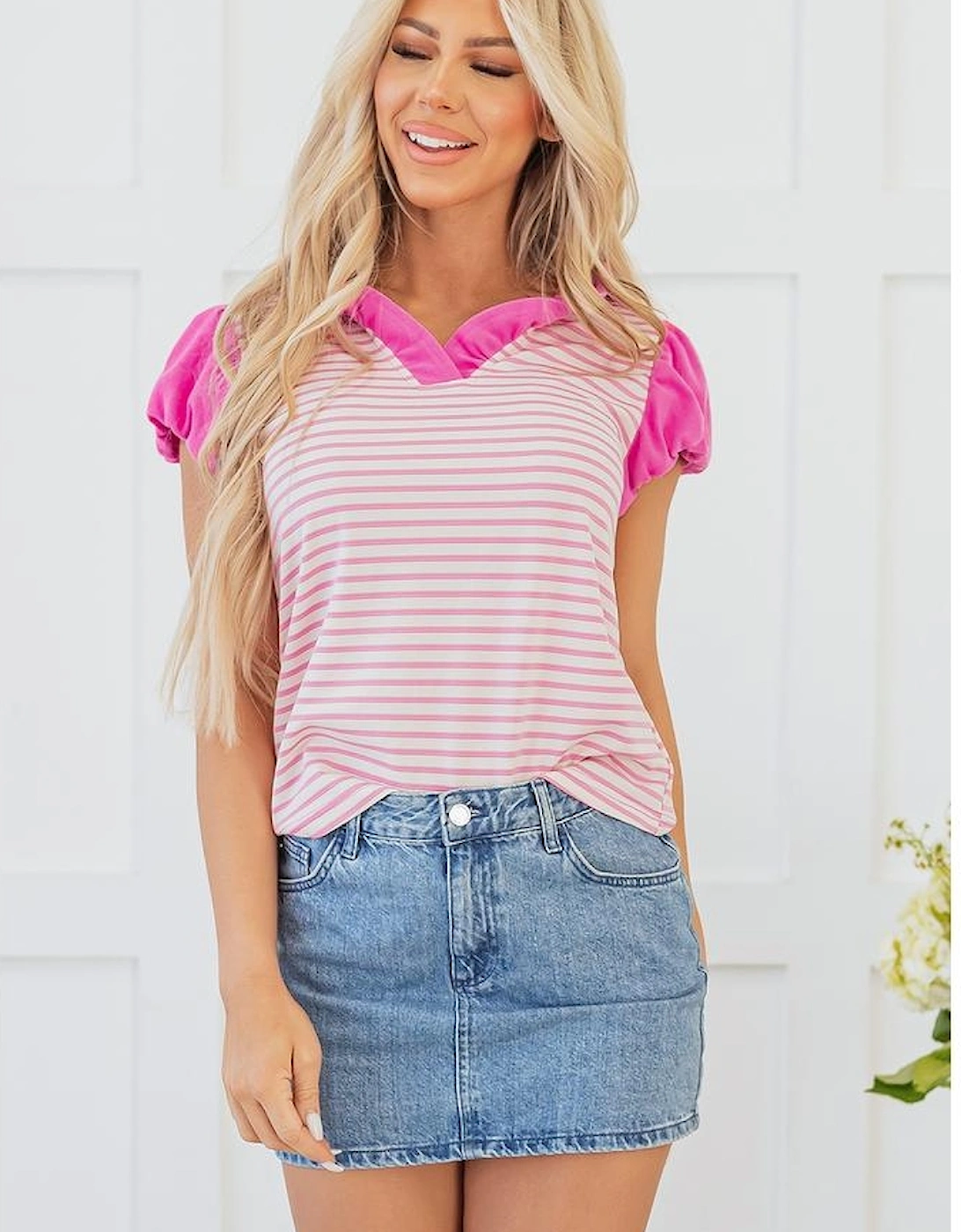 Pink Stripe Ruffled V Neck Cap Puff Sleeve Top