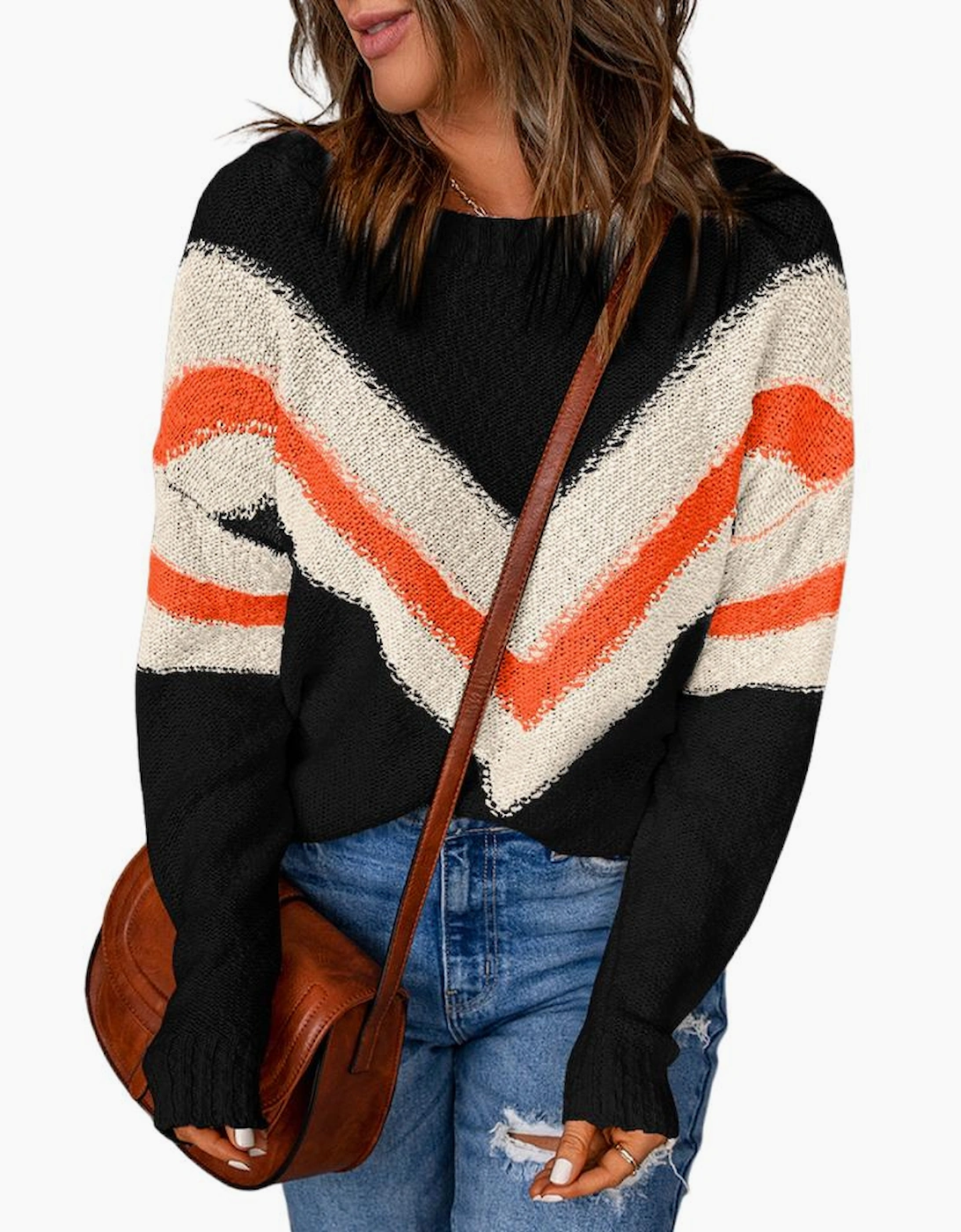 Black Chevron Striped Drop Shoulder Sweater