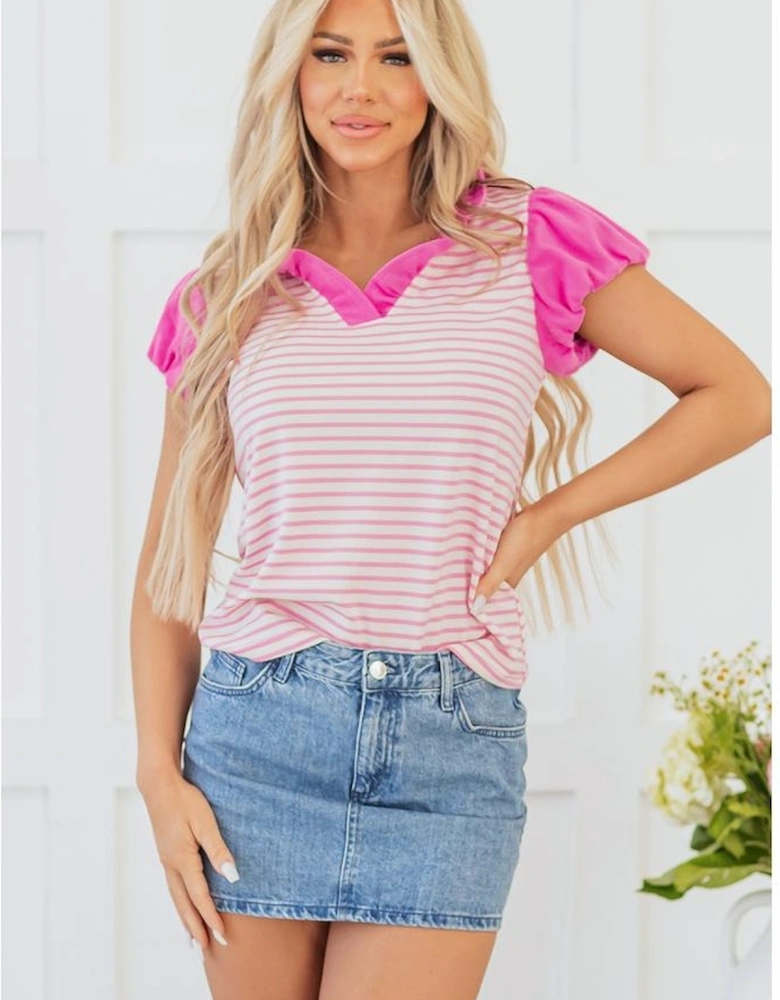Pink Stripe Ruffled V Neck Cap Puff Sleeve Top
