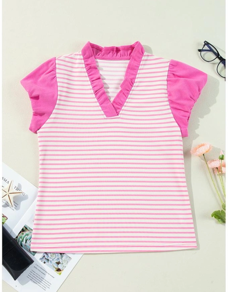Pink Stripe Ruffled V Neck Cap Puff Sleeve Top
