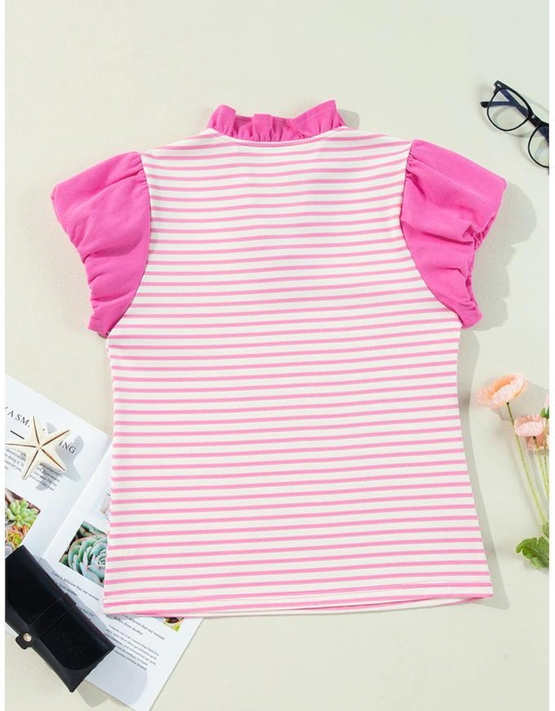 Pink Stripe Ruffled V Neck Cap Puff Sleeve Top