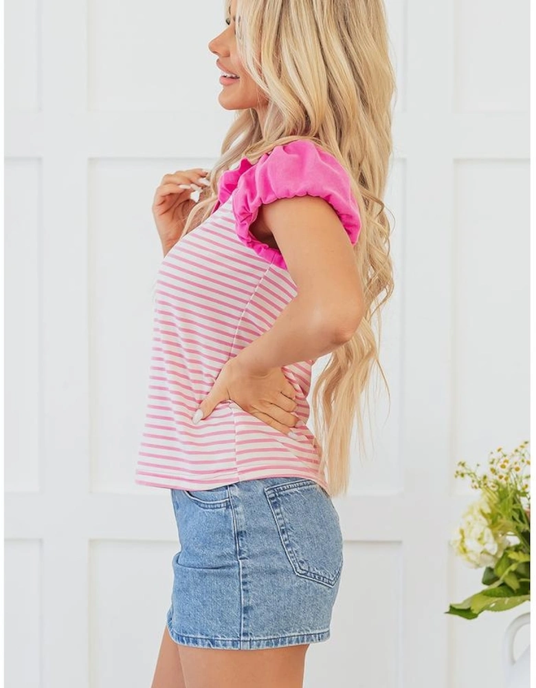 Pink Stripe Ruffled V Neck Cap Puff Sleeve Top