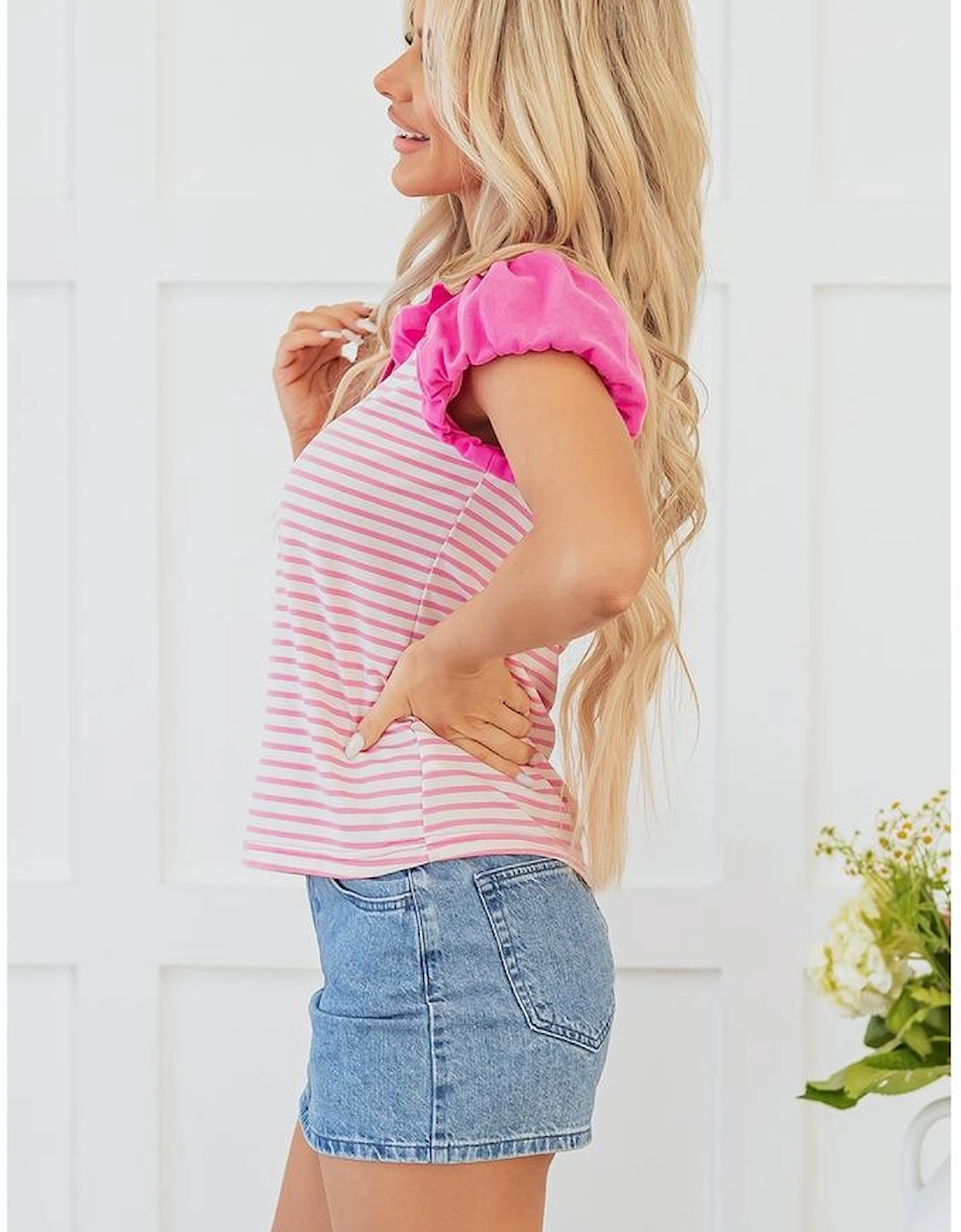 Pink Stripe Ruffled V Neck Cap Puff Sleeve Top