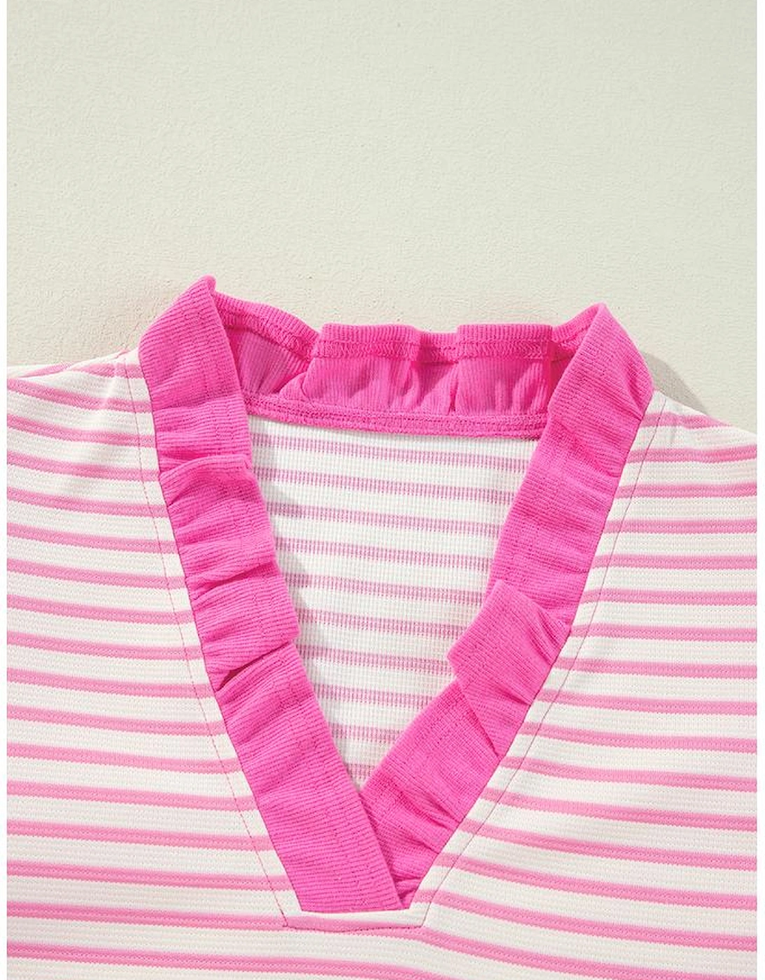 Pink Stripe Ruffled V Neck Cap Puff Sleeve Top