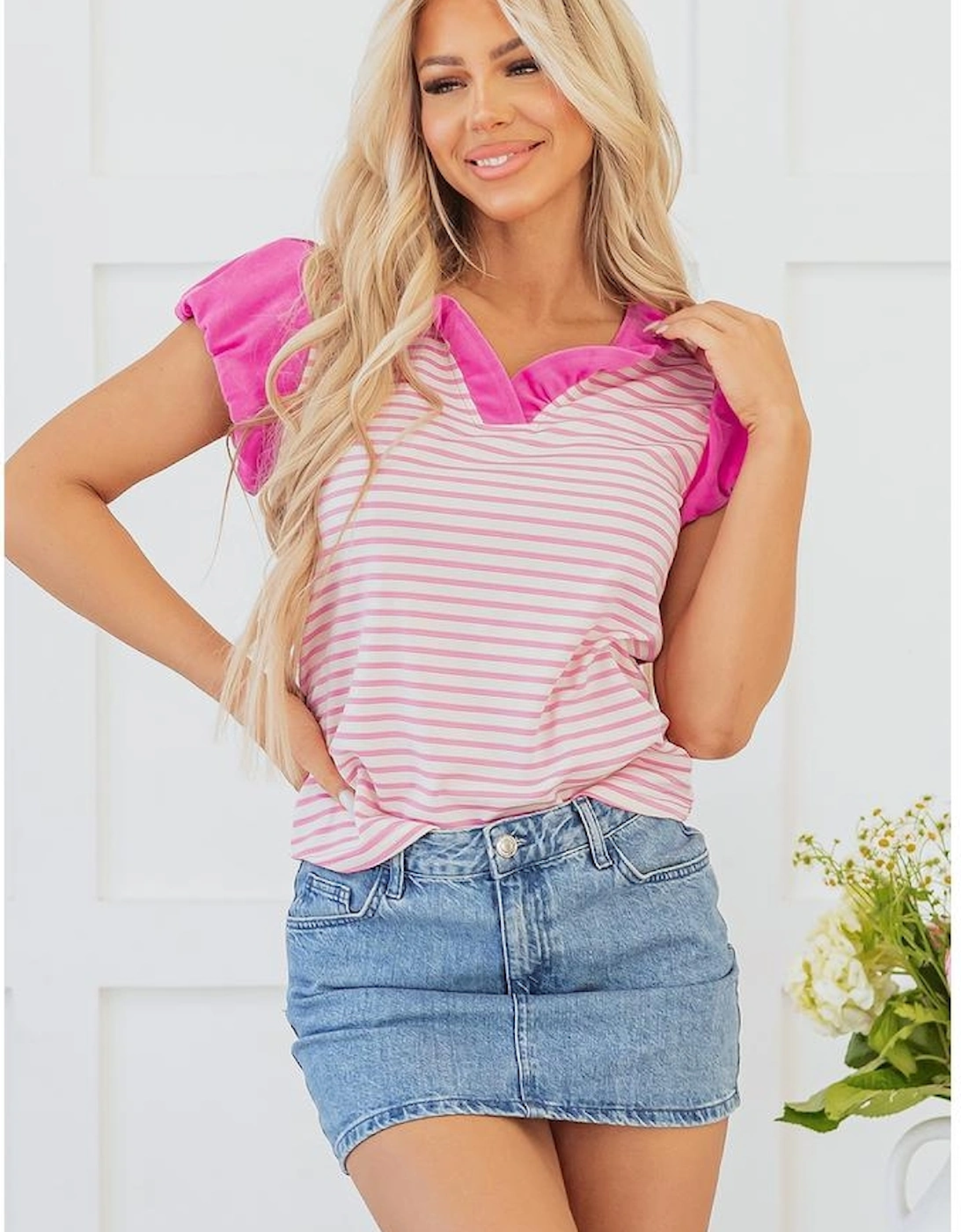 Pink Stripe Ruffled V Neck Cap Puff Sleeve Top
