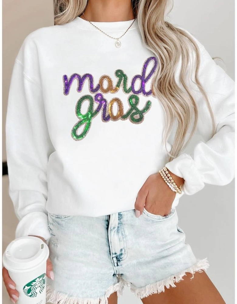 White Sequined mardi gras Graphic Crew Neck Drop Shoulder Sweatshirt
