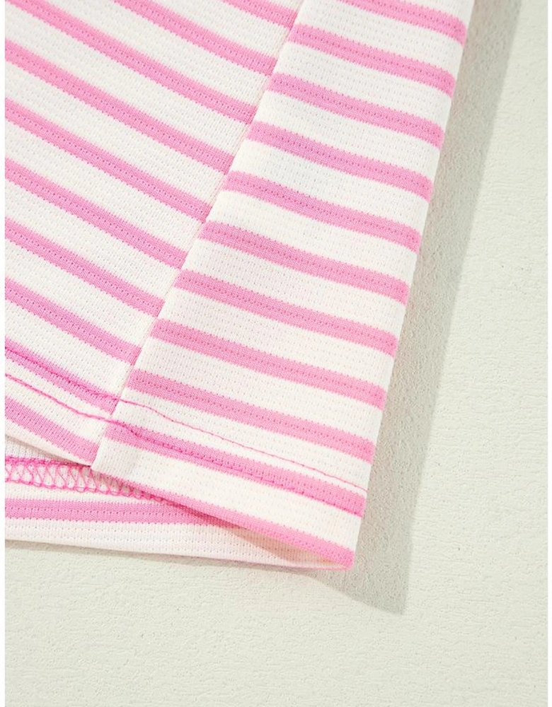 Pink Stripe Ruffled V Neck Cap Puff Sleeve Top