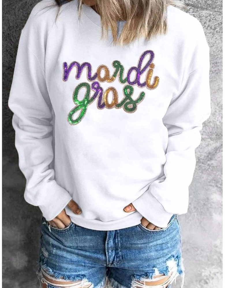 White Sequined mardi gras Graphic Crew Neck Drop Shoulder Sweatshirt