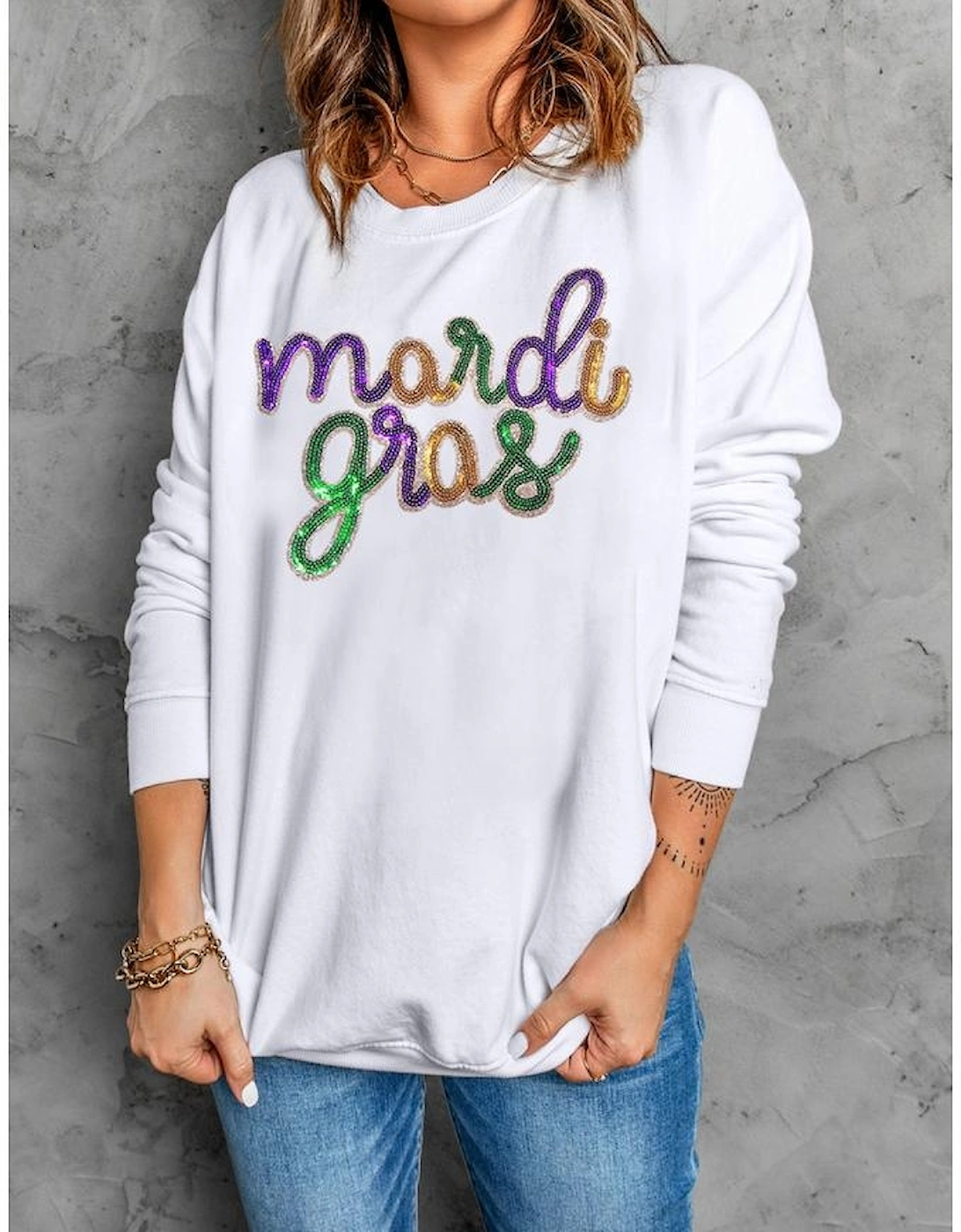 White Sequined mardi gras Graphic Crew Neck Drop Shoulder Sweatshirt