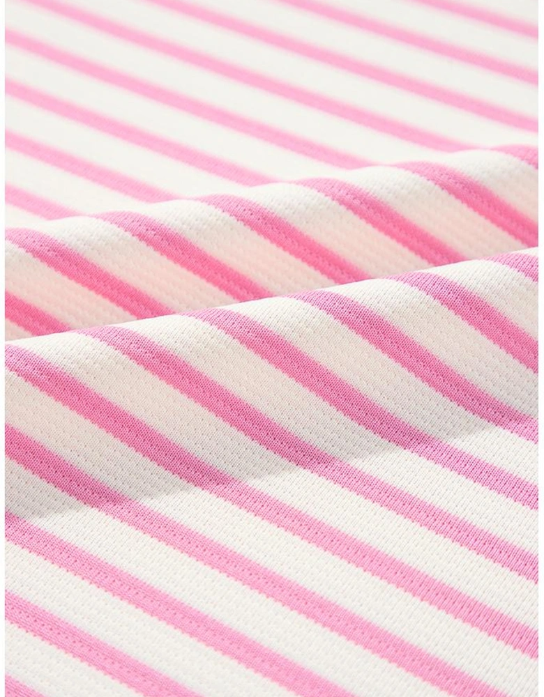 Pink Stripe Ruffled V Neck Cap Puff Sleeve Top