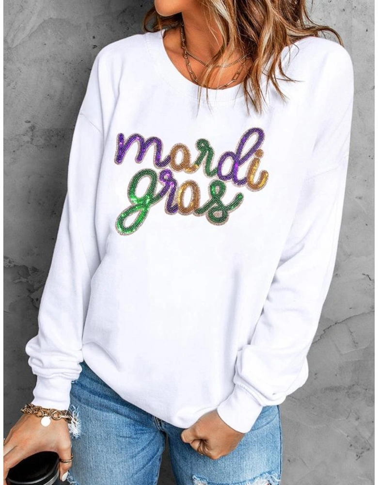 White Sequined mardi gras Graphic Crew Neck Drop Shoulder Sweatshirt