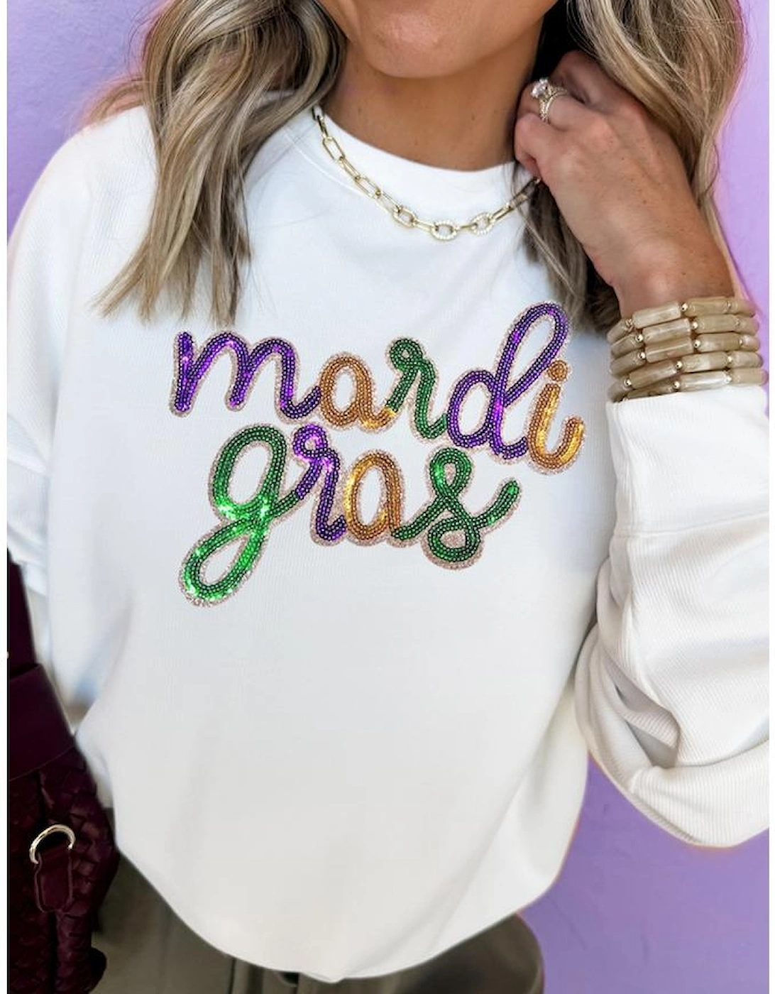 White Sequined mardi gras Graphic Crew Neck Drop Shoulder Sweatshirt