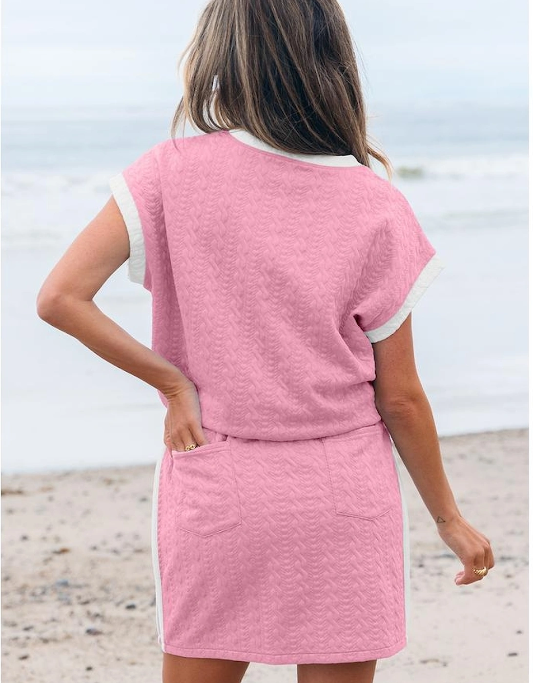 Pink Contrast Trim Textured Crewneck Tee and Pocketed Skirt Set, 9 of 8