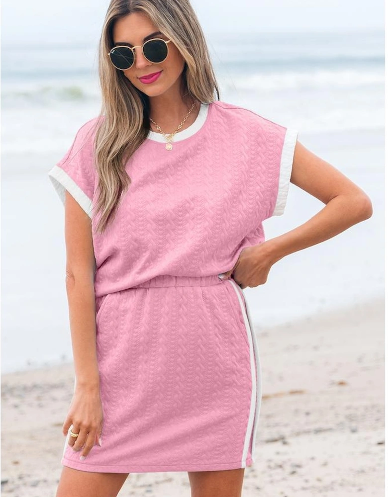 Pink Contrast Trim Textured Crewneck Tee and Pocketed Skirt Set