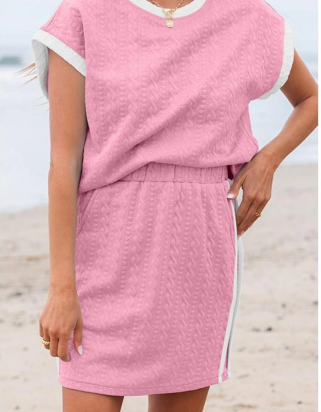 Pink Contrast Trim Textured Crewneck Tee and Pocketed Skirt Set