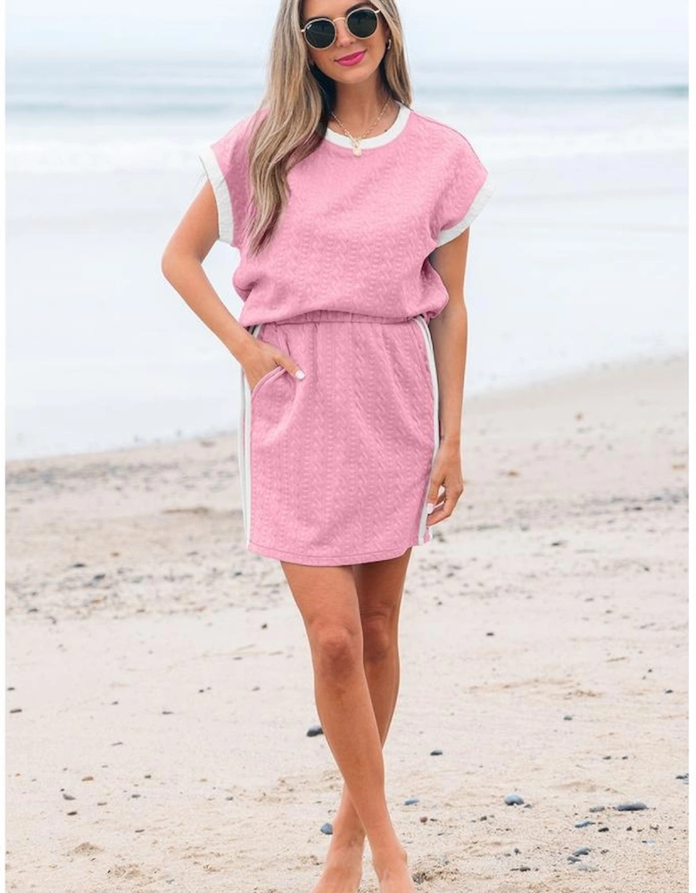 Pink Contrast Trim Textured Crewneck Tee and Pocketed Skirt Set