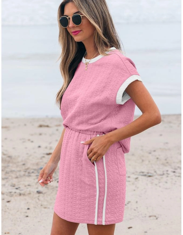 Pink Contrast Trim Textured Crewneck Tee and Pocketed Skirt Set