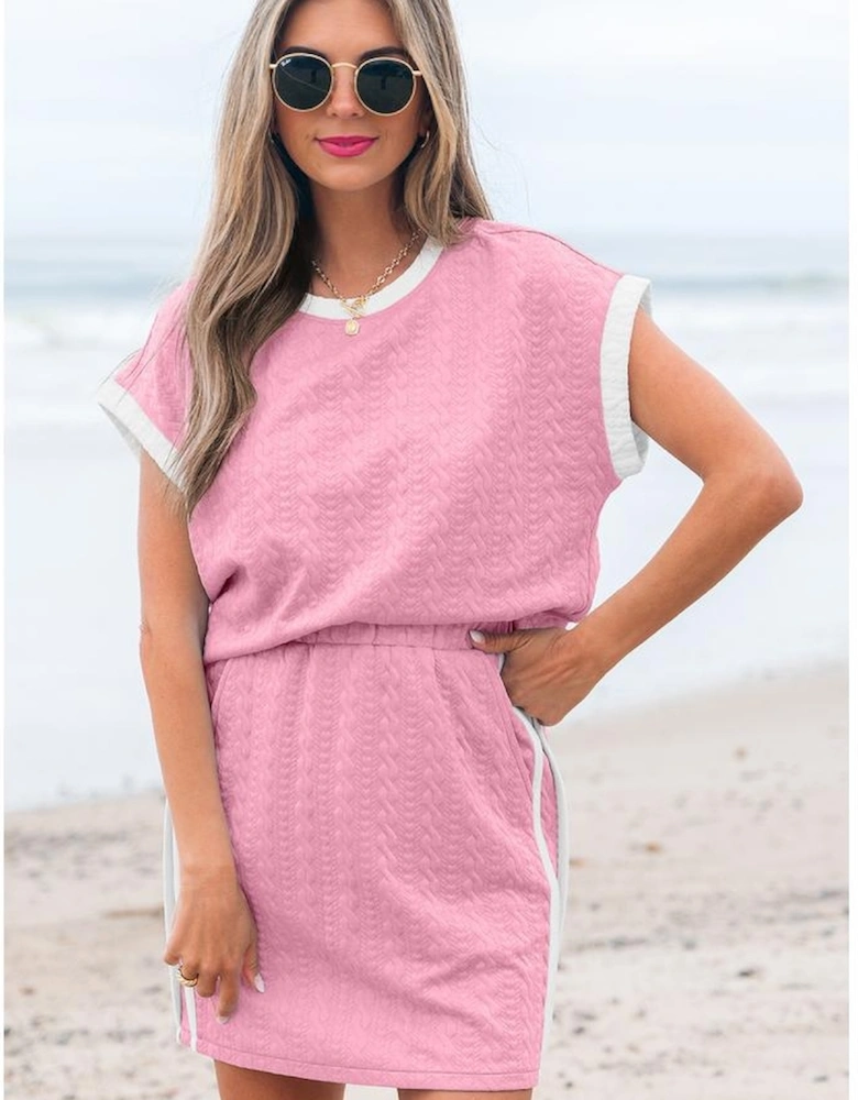 Pink Contrast Trim Textured Crewneck Tee and Pocketed Skirt Set