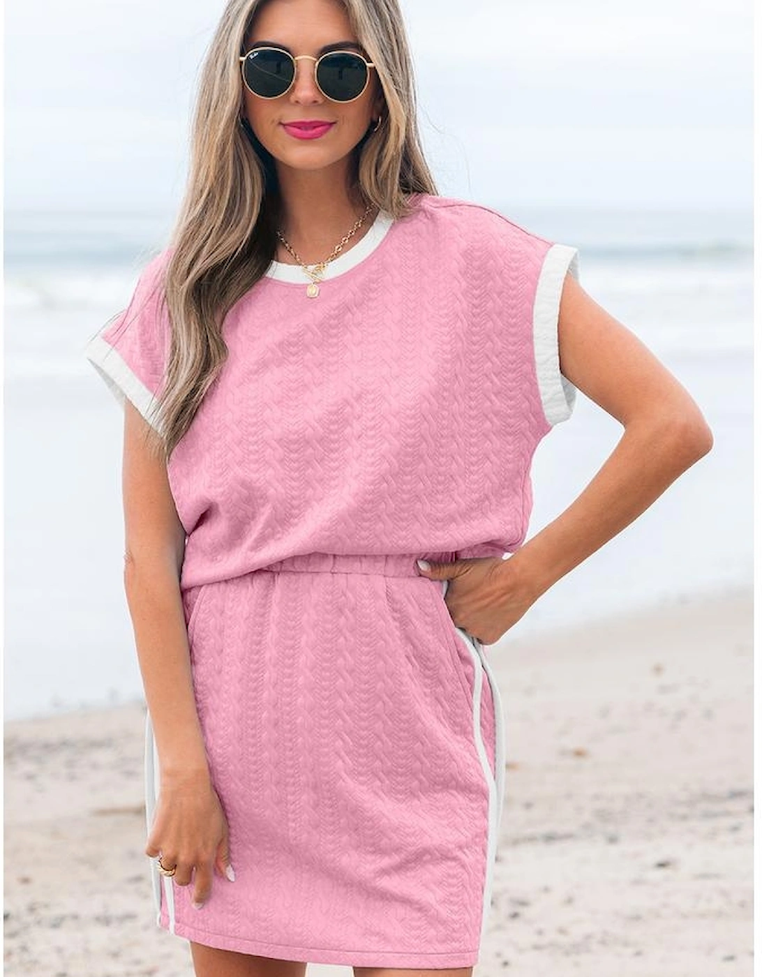 Pink Contrast Trim Textured Crewneck Tee and Pocketed Skirt Set