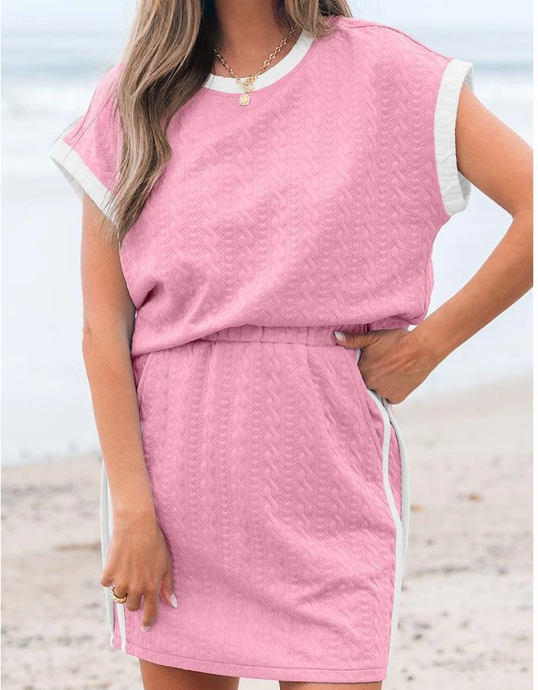 Pink Contrast Trim Textured Crewneck Tee and Pocketed Skirt Set