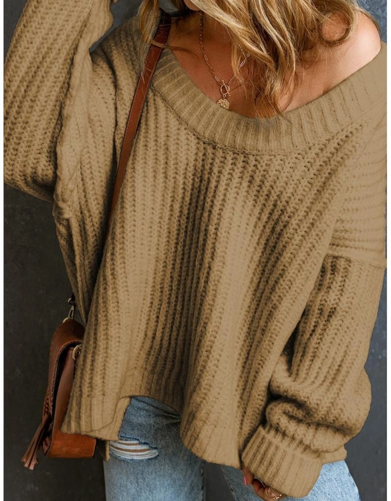 Khaki Ribbed Knit Round Neck Slouchy Chunky Sweater