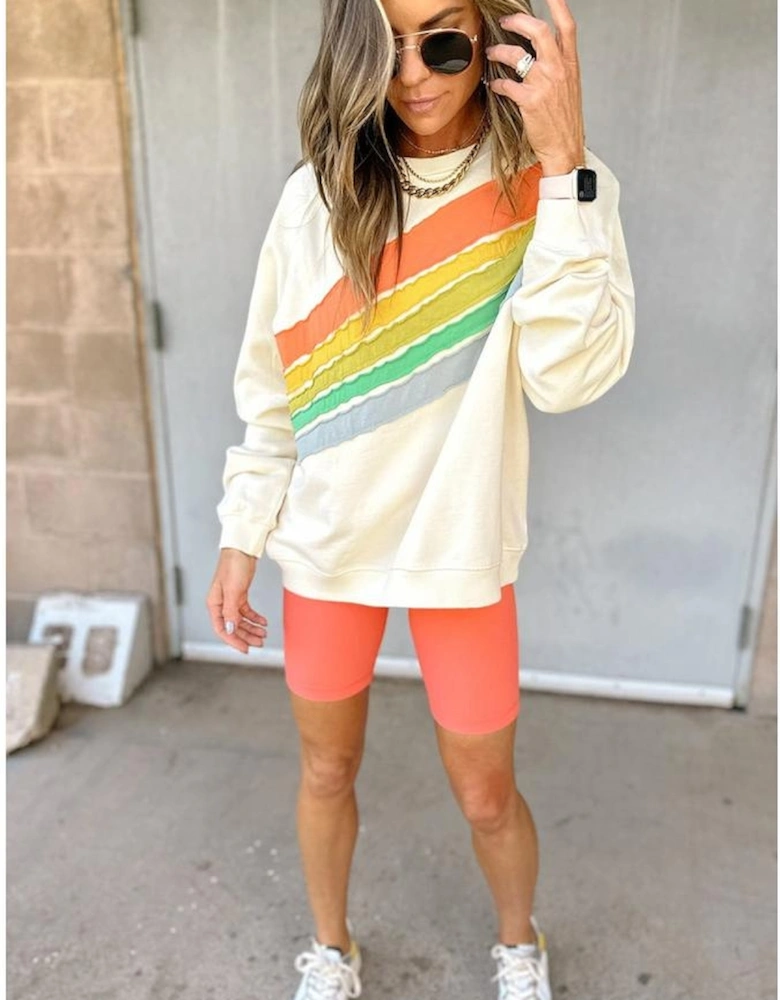 Apricot Rainbow Colorblock Striped Pullover Sweatshirt
