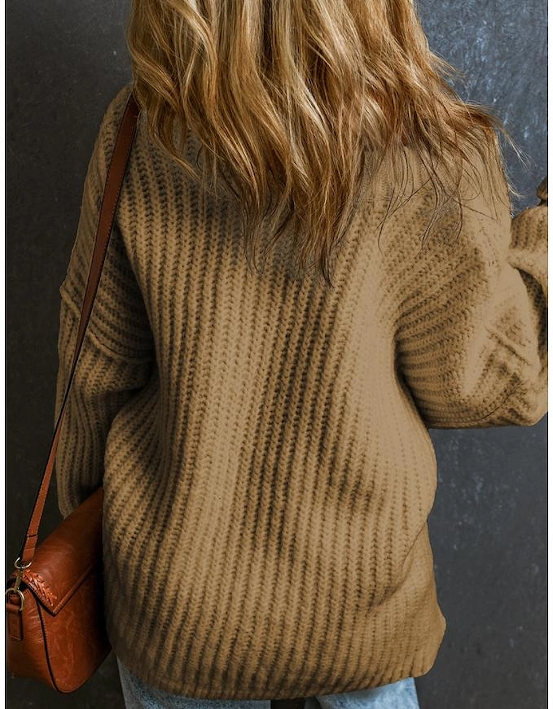 Khaki Ribbed Knit Round Neck Slouchy Chunky Sweater