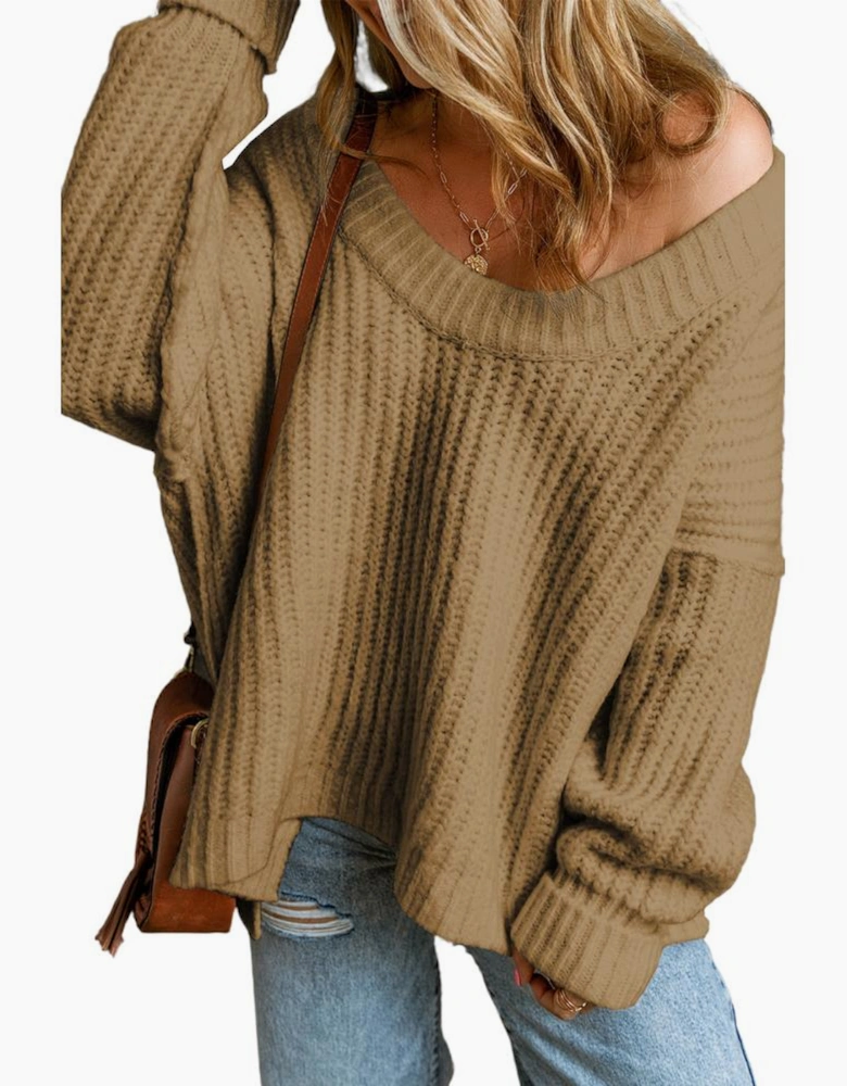 Khaki Ribbed Knit Round Neck Slouchy Chunky Sweater