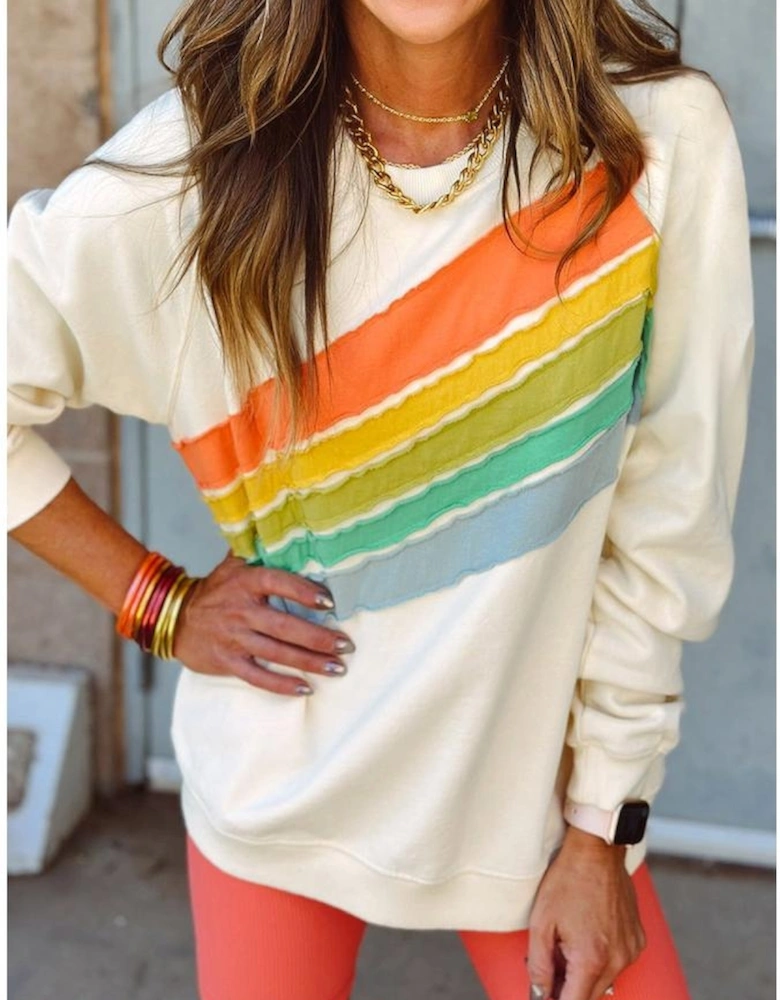 Apricot Rainbow Colorblock Striped Pullover Sweatshirt