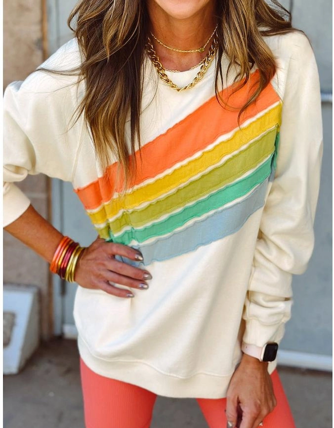 Apricot Rainbow Colorblock Striped Pullover Sweatshirt, 5 of 4