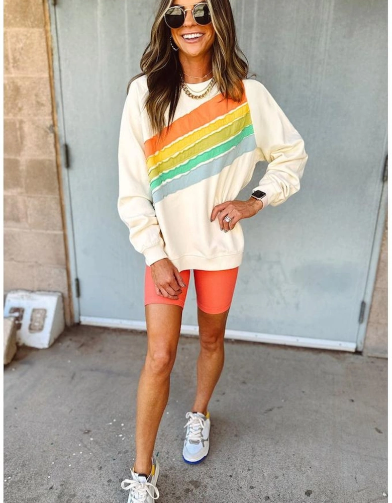 Apricot Rainbow Colorblock Striped Pullover Sweatshirt