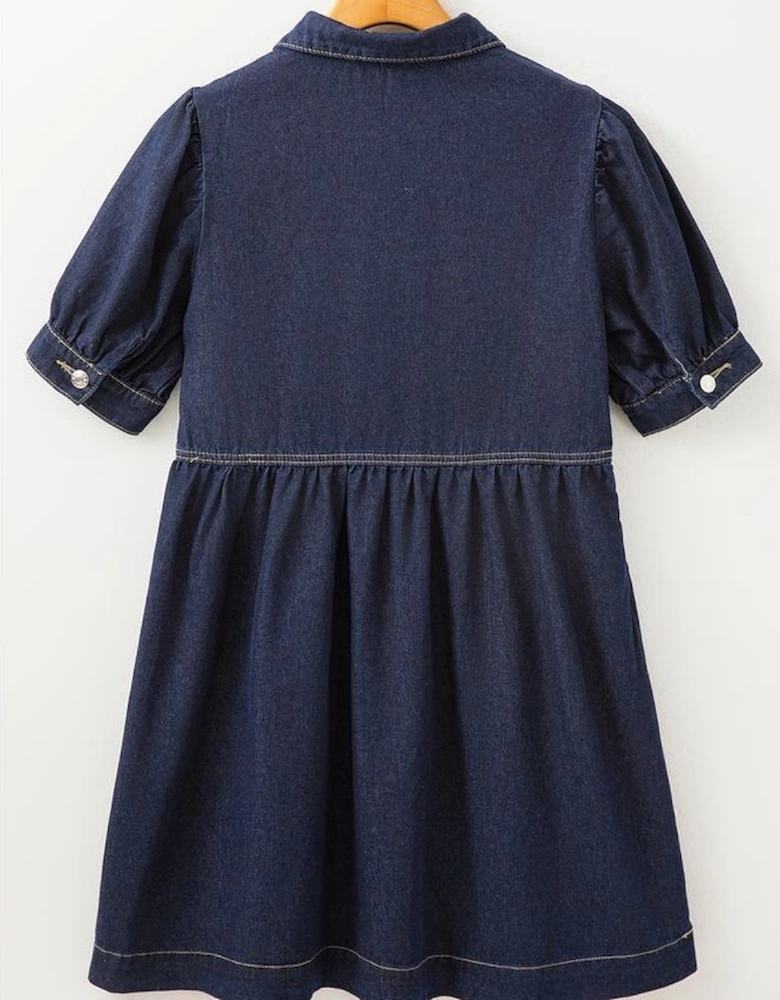 Dirty blue Zipped up Bodice Collared Short Puff Sleeve Denim Dress