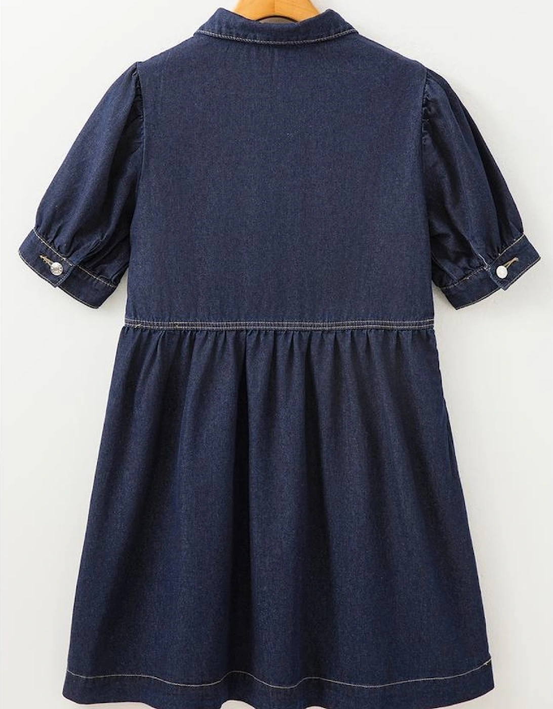 Dirty blue Zipped up Bodice Collared Short Puff Sleeve Denim Dress, 12 of 11