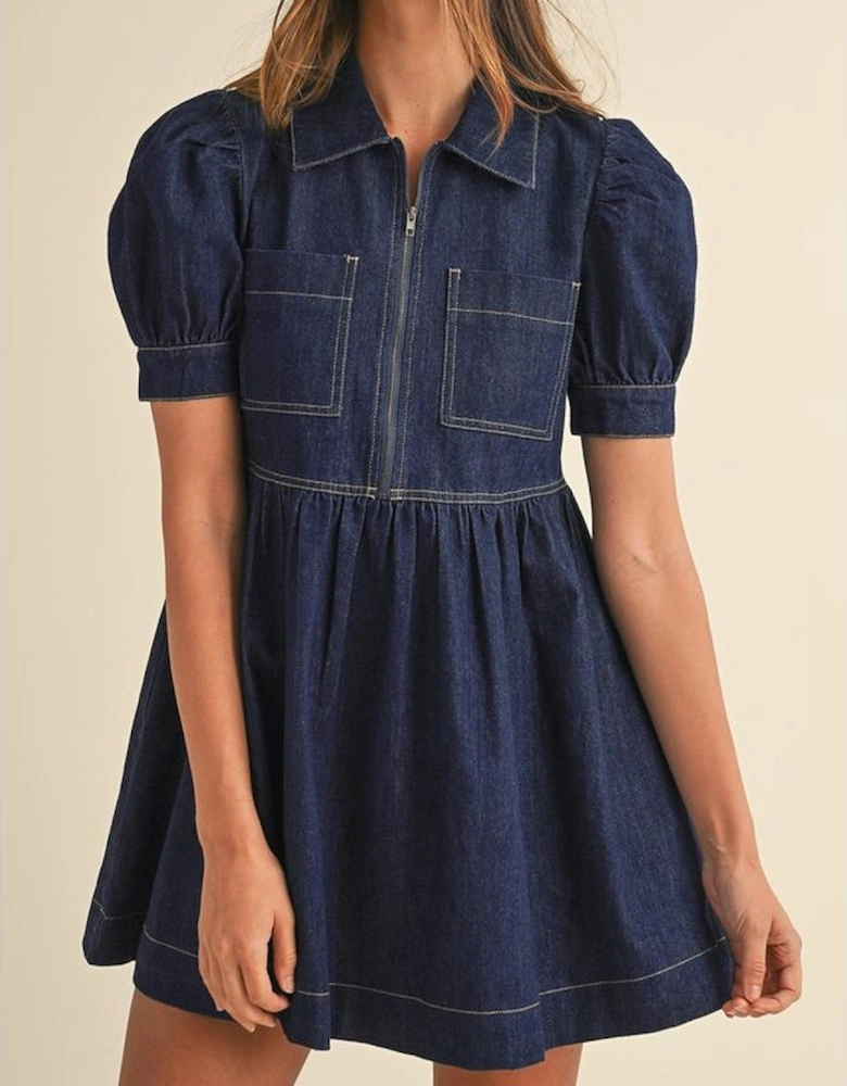 Dirty blue Zipped up Bodice Collared Short Puff Sleeve Denim Dress