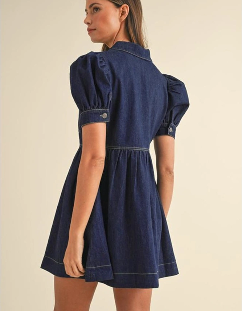 Dirty blue Zipped up Bodice Collared Short Puff Sleeve Denim Dress
