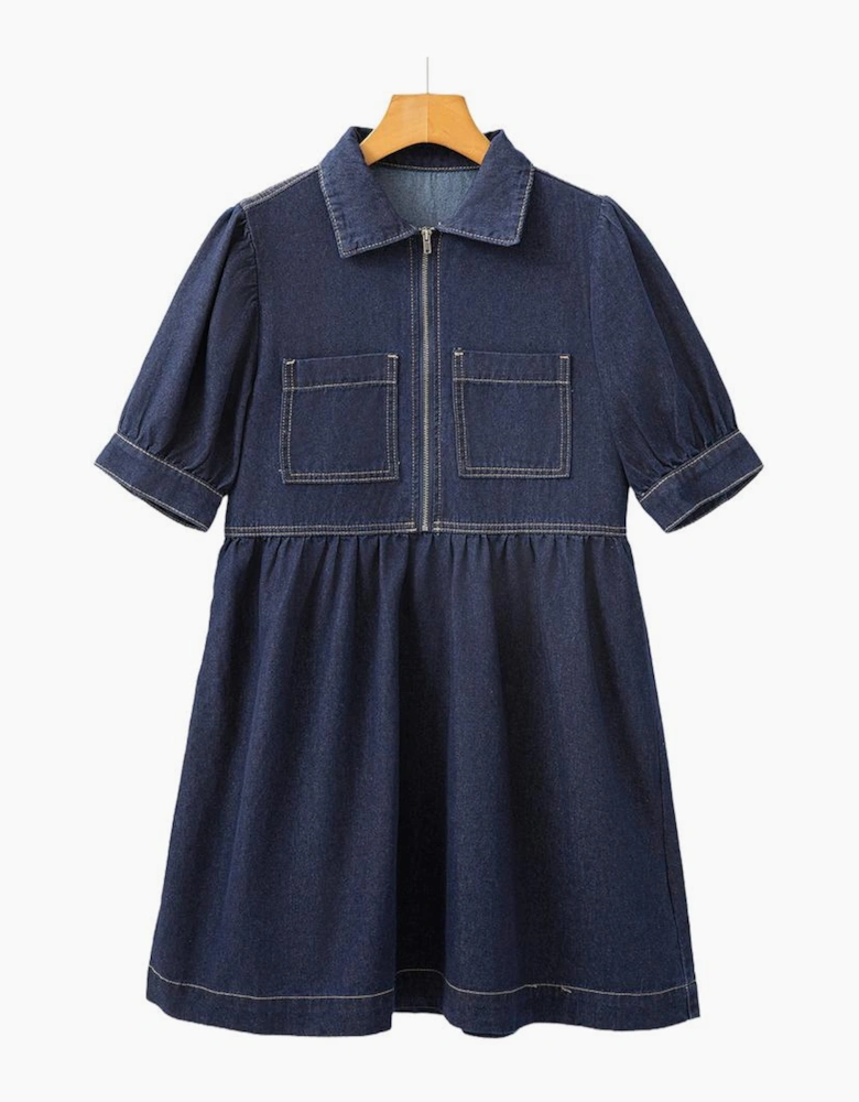 Dirty blue Zipped up Bodice Collared Short Puff Sleeve Denim Dress