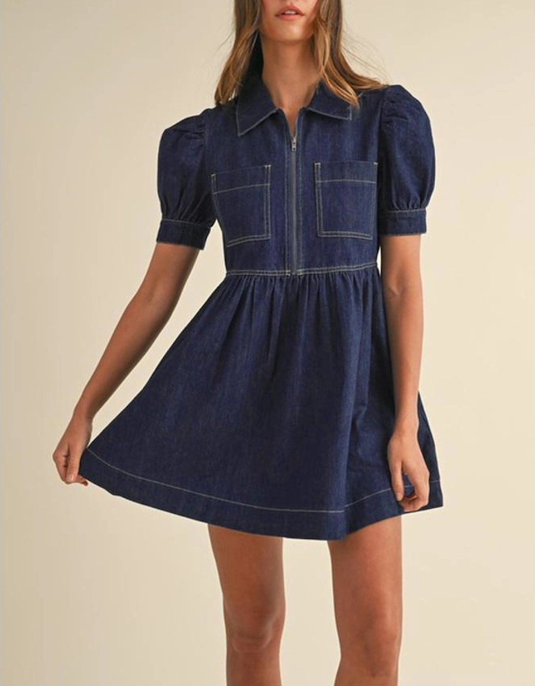 Dirty blue Zipped up Bodice Collared Short Puff Sleeve Denim Dress
